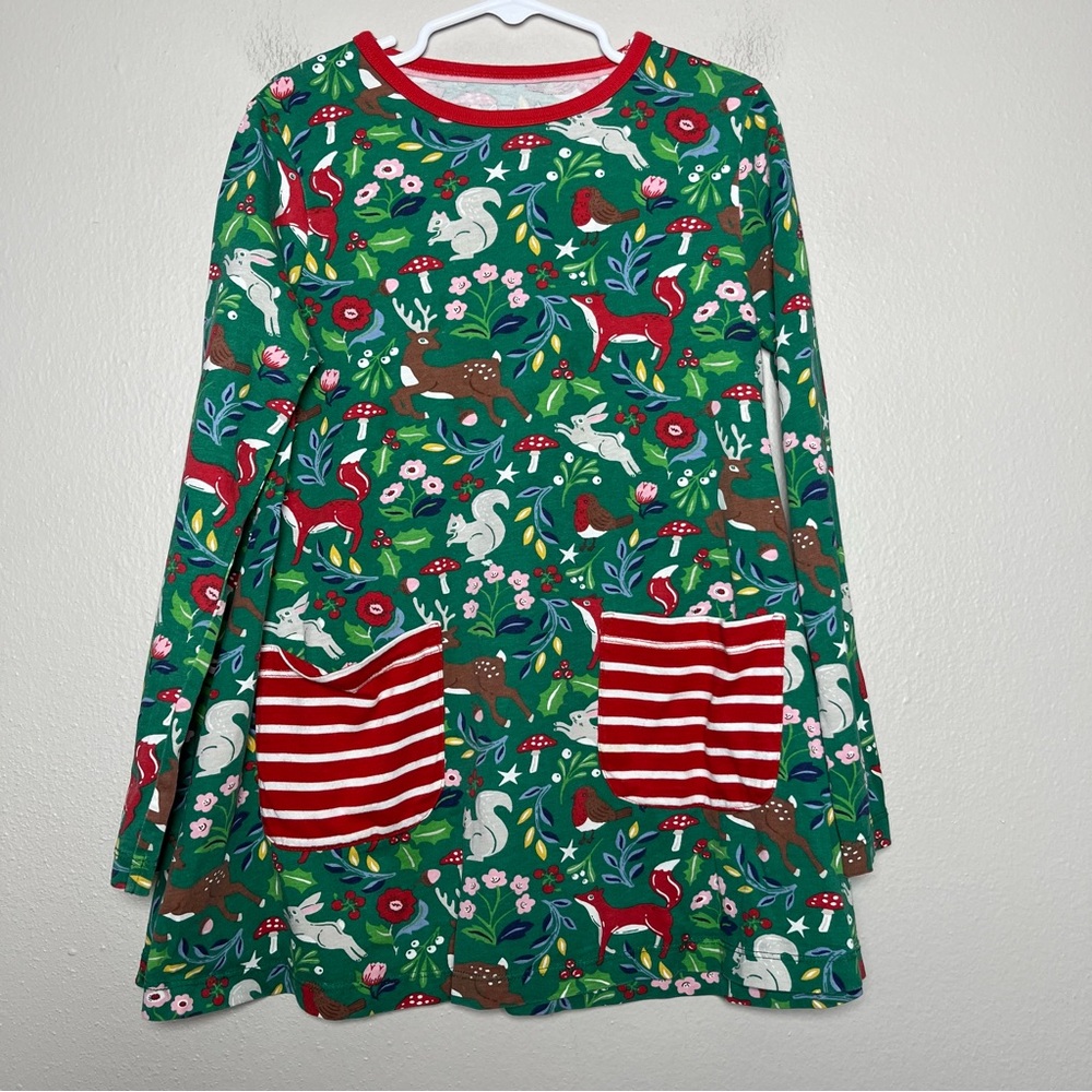 Mini Boden Green Floral Holiday Kids Dress with Red Accents